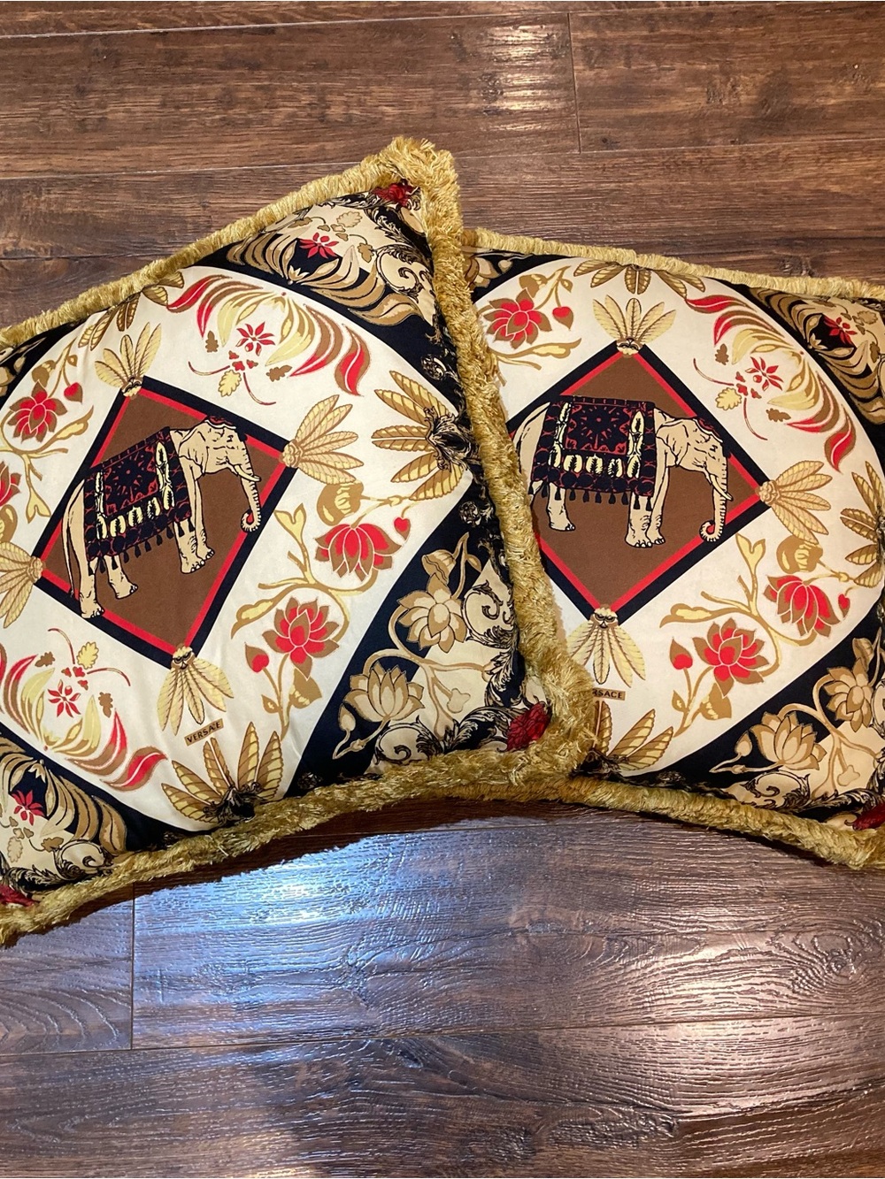 Versace Cream, Gold, Black & Red Elephant Motif Decorative Pillow Pair
